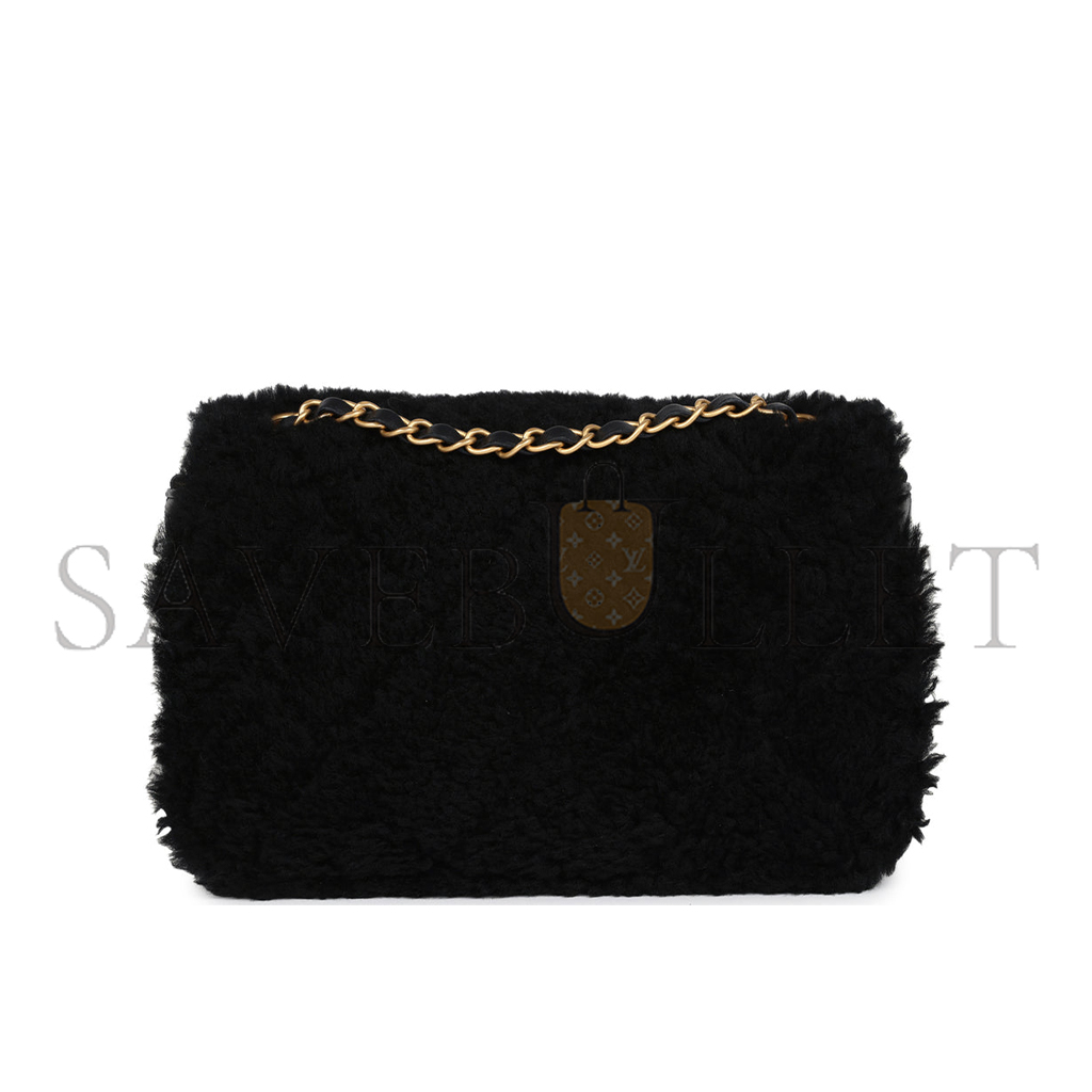 CHANEL MEDIUM SHEARLING FLAP BAG BLACK LAMBSKIN BRUSHED GOLD HARDWARE  (23.5*16*7.5cm)